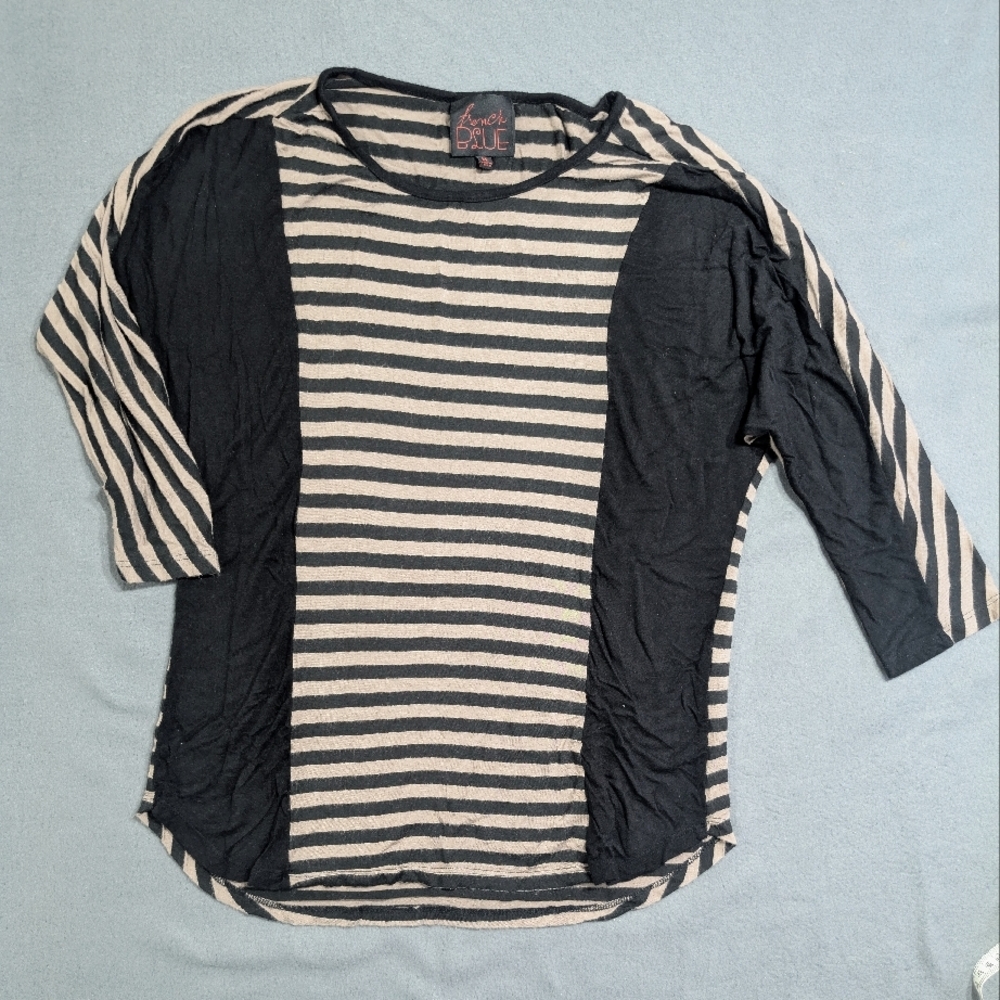 French Blue Striped Top tan and black Medium‎ Med womens